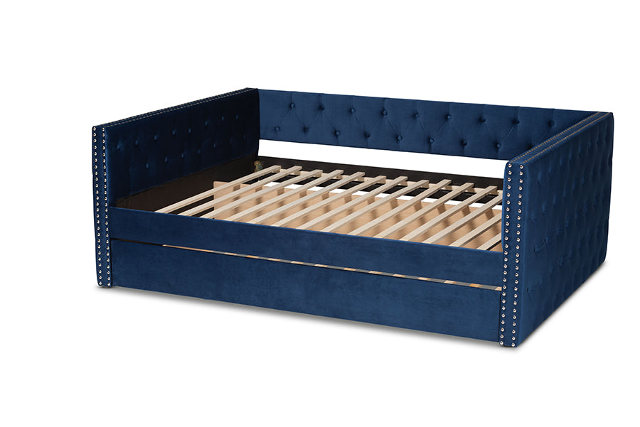 Baxton Studio Larkin Modern and Contemporary Navy Blue Velvet Fabric Upholstered Queen Size Daybed with Trundle | Daybeds | Modishstore - 9