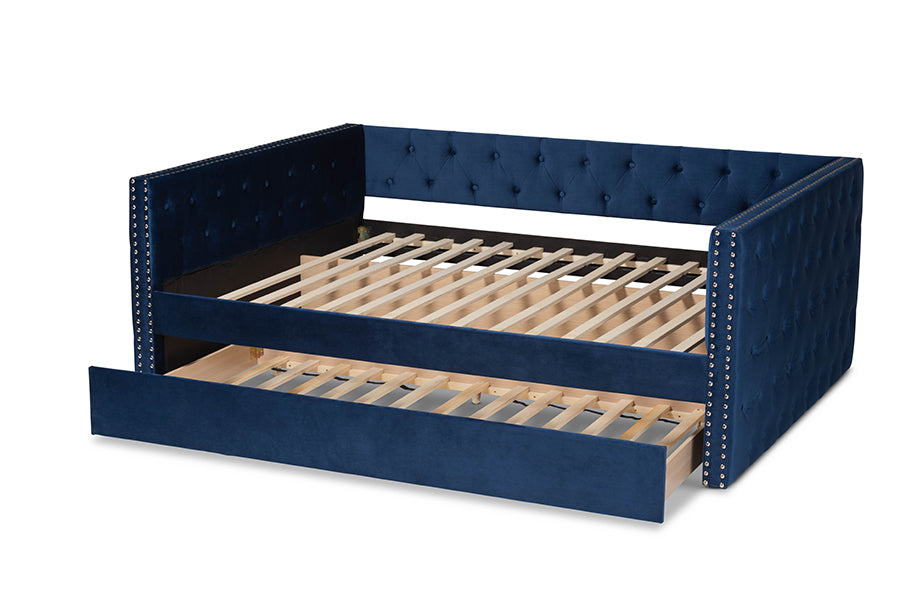 Baxton Studio Larkin Modern and Contemporary Navy Blue Velvet Fabric Upholstered Queen Size Daybed with Trundle | Daybeds | Modishstore - 8