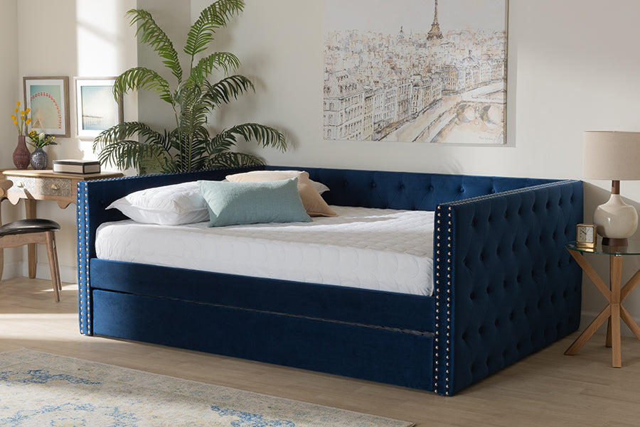Baxton Studio Larkin Modern and Contemporary Navy Blue Velvet Fabric Upholstered Full Size Daybed with Trundle | Modishstore | Beds