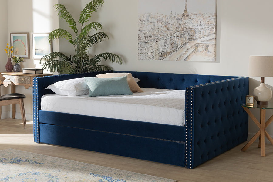 Baxton Studio Larkin Modern and Contemporary Navy Blue Velvet Fabric Upholstered Queen Size Daybed with Trundle | Daybeds | Modishstore