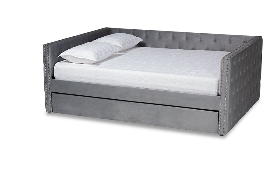 baxton studio larkin modern and contemporary grey velvet fabric upholstered queen size daybed with trundle | Modish Furniture Store-2