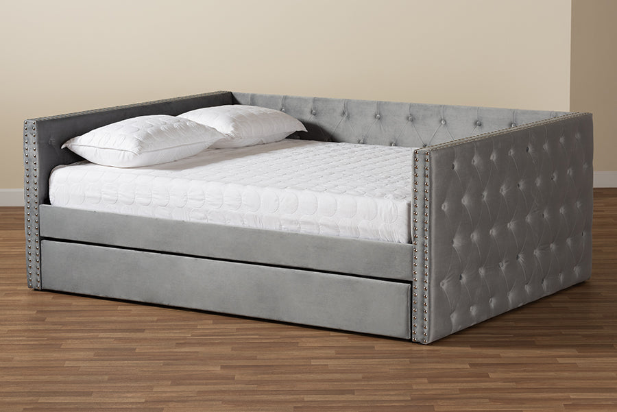 Baxton Studio Larkin Modern and Contemporary Grey Velvet Fabric Upholstered Full Size Daybed with Trundle | Daybeds | Modishstore - 3