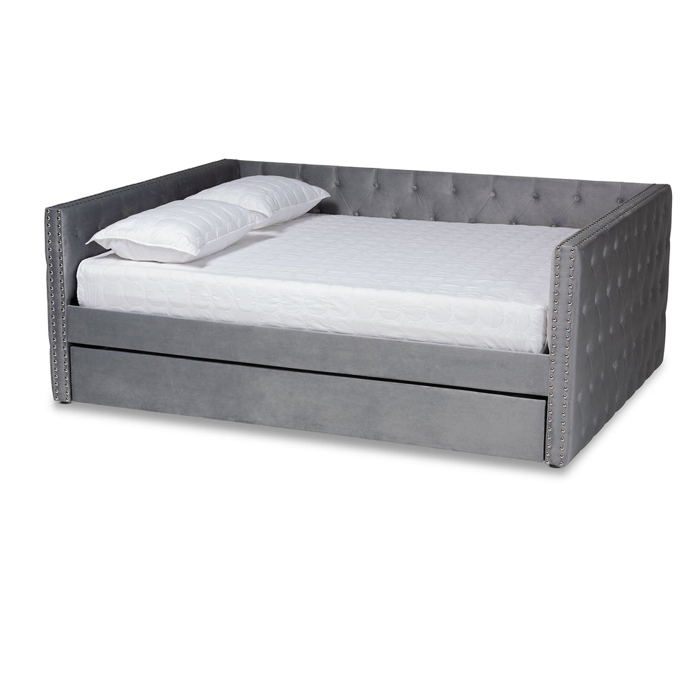 Baxton Studio Larkin Modern and Contemporary Grey Velvet Fabric Upholstered Full Size Daybed with Trundle | Daybeds | Modishstore - 2