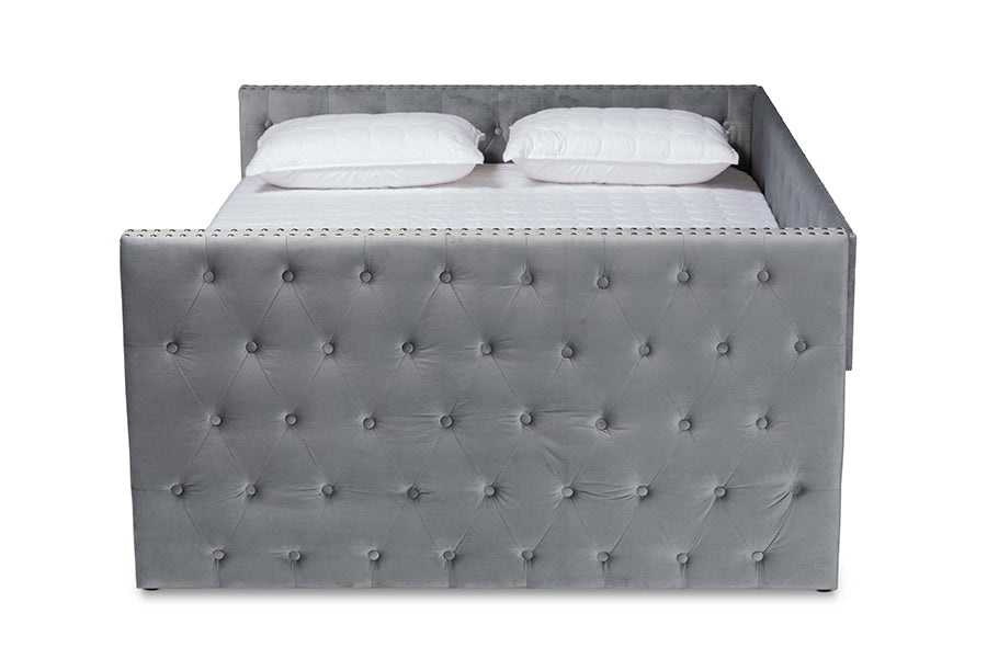 Baxton Studio Larkin Modern and Contemporary Grey Velvet Fabric Upholstered Full Size Daybed with Trundle | Daybeds | Modishstore - 4