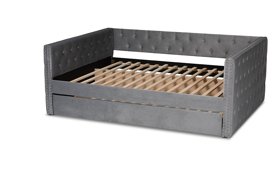 Baxton Studio Larkin Modern and Contemporary Grey Velvet Fabric Upholstered Full Size Daybed with Trundle | Daybeds | Modishstore - 9