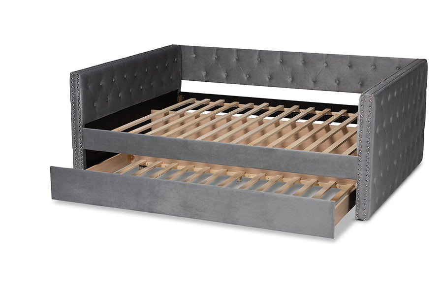 Baxton Studio Larkin Modern and Contemporary Grey Velvet Fabric Upholstered Full Size Daybed with Trundle | Daybeds | Modishstore - 8