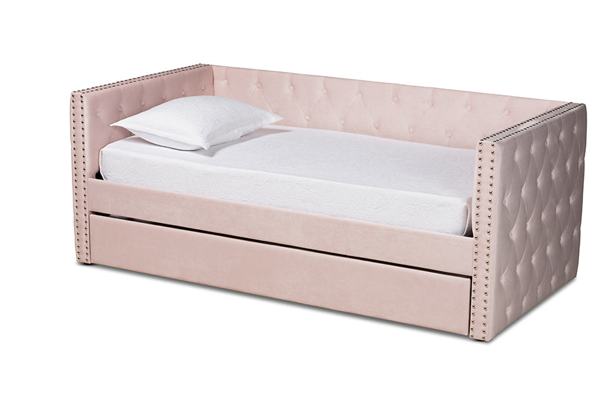 baxton studio larkin modern and contemporary pink velvet fabric upholstered twin size daybed with trundle | Modish Furniture Store-2