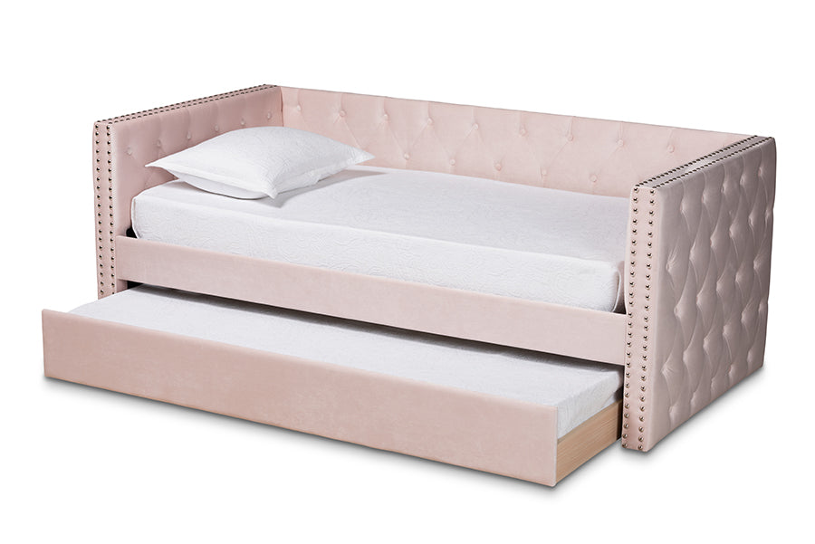 baxton studio larkin modern and contemporary pink velvet fabric upholstered twin size daybed with trundle | Modish Furniture Store-3