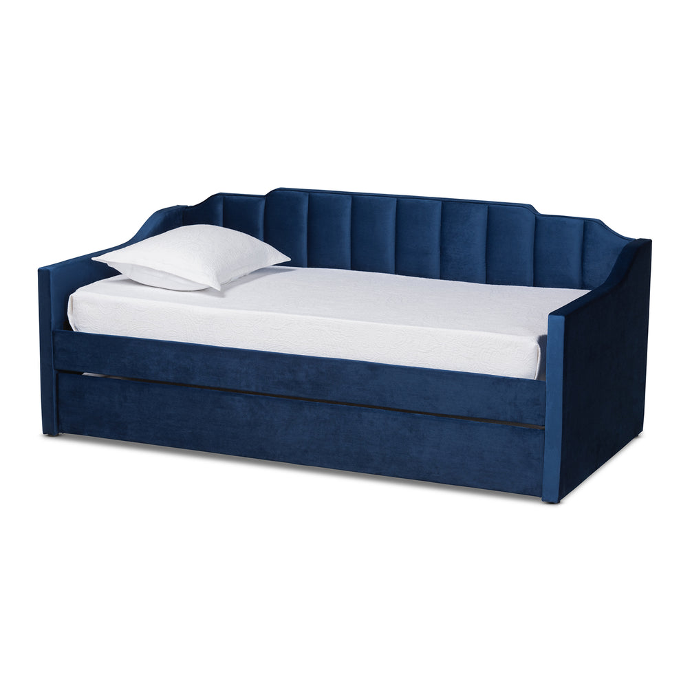 Baxton Studio Lennon Modern and Contemporary Navy Blue Velvet Fabric Upholstered Twin Size Daybed with Trundle | Daybeds | Modishstore - 2