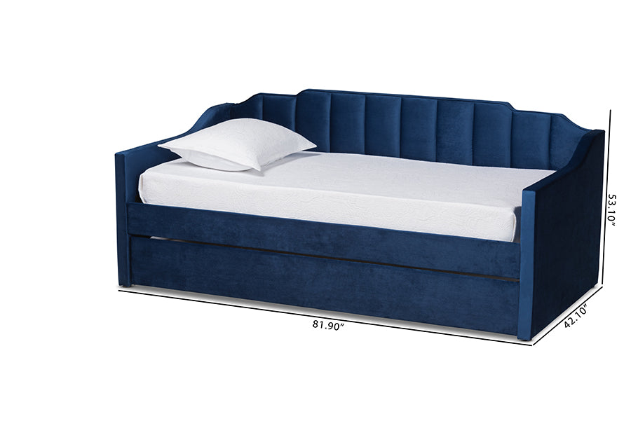 Baxton Studio Lennon Modern and Contemporary Navy Blue Velvet Fabric Upholstered Twin Size Daybed with Trundle | Daybeds | Modishstore - 7