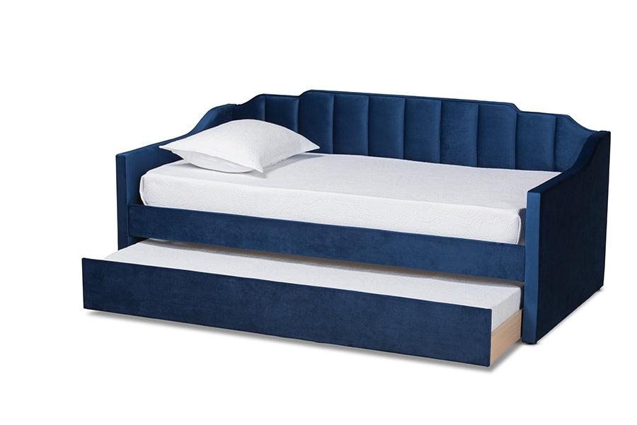 Baxton Studio Lennon Modern and Contemporary Navy Blue Velvet Fabric Upholstered Twin Size Daybed with Trundle | Daybeds | Modishstore - 6