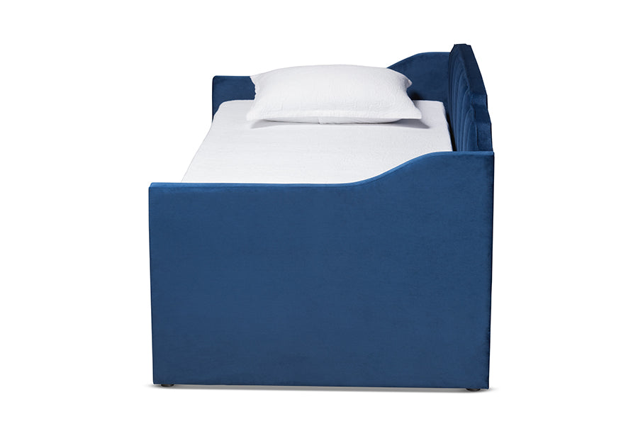 Baxton Studio Lennon Modern and Contemporary Navy Blue Velvet Fabric Upholstered Twin Size Daybed with Trundle | Daybeds | Modishstore - 4