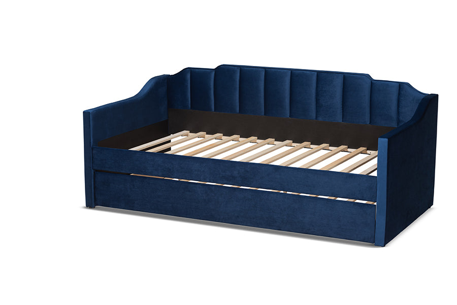 Baxton Studio Lennon Modern and Contemporary Navy Blue Velvet Fabric Upholstered Twin Size Daybed with Trundle | Daybeds | Modishstore - 9