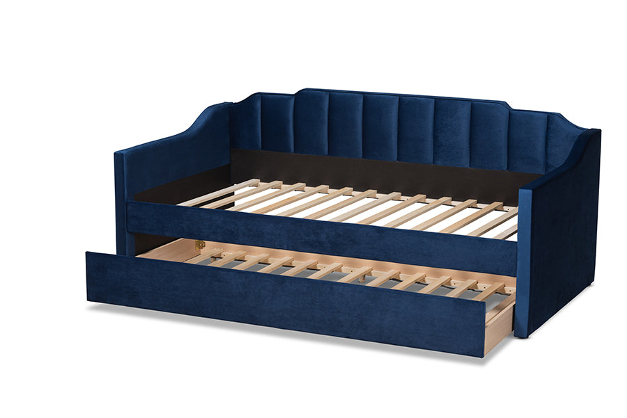 Baxton Studio Lennon Modern and Contemporary Navy Blue Velvet Fabric Upholstered Twin Size Daybed with Trundle | Daybeds | Modishstore - 8