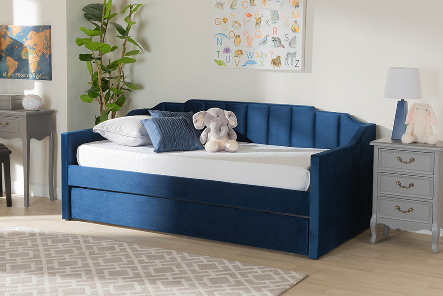 Baxton Studio Lennon Modern and Contemporary Navy Blue Velvet Fabric Upholstered Full Size Daybed with Trundle | Daybeds | Modishstore - 3