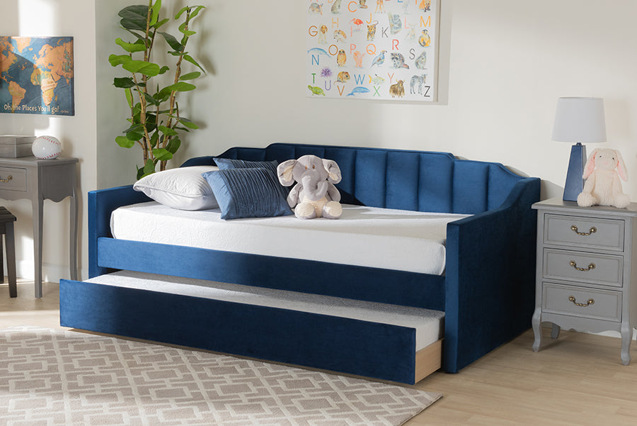 Baxton Studio Lennon Modern and Contemporary Navy Blue Velvet Fabric Upholstered Twin Size Daybed with Trundle | Daybeds | Modishstore
