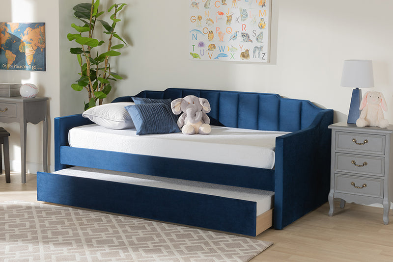 Baxton Studio Lennon Modern and Contemporary Navy Blue Velvet Fabric Upholstered Full Size Daybed with Trundle | Daybeds | Modishstore
