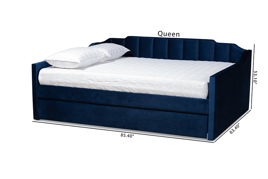 Baxton Studio Lennon Modern and Contemporary Navy Blue Velvet Fabric Upholstered Full Size Daybed with Trundle | Daybeds | Modishstore - 16
