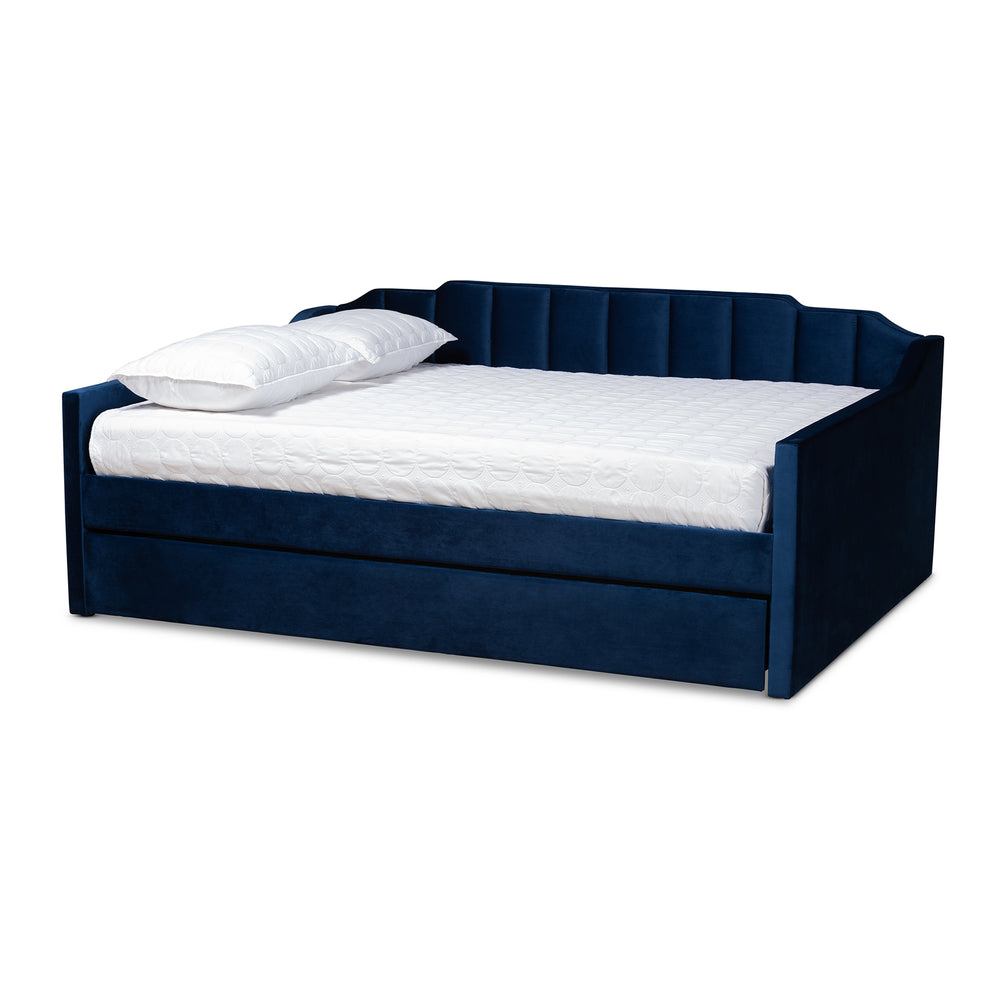 Baxton Studio Lennon Modern and Contemporary Navy Blue Velvet Fabric Upholstered Full Size Daybed with Trundle | Daybeds | Modishstore - 2