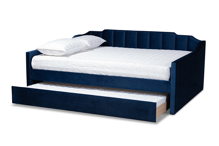 baxton studio lennon modern and contemporary navy blue velvet fabric upholstered queen size daybed with trundle | Modish Furniture Store-3