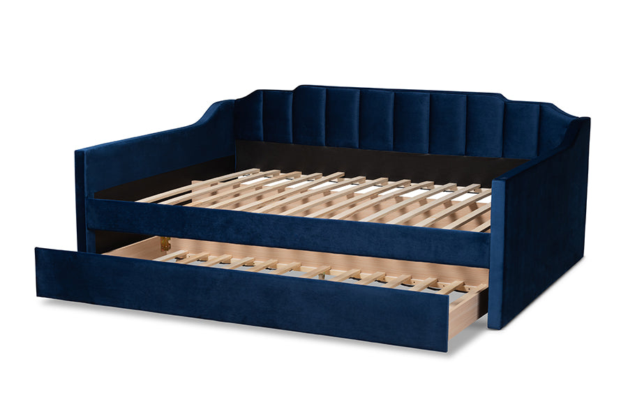 Baxton Studio Lennon Modern and Contemporary Navy Blue Velvet Fabric Upholstered Full Size Daybed with Trundle | Daybeds | Modishstore - 17