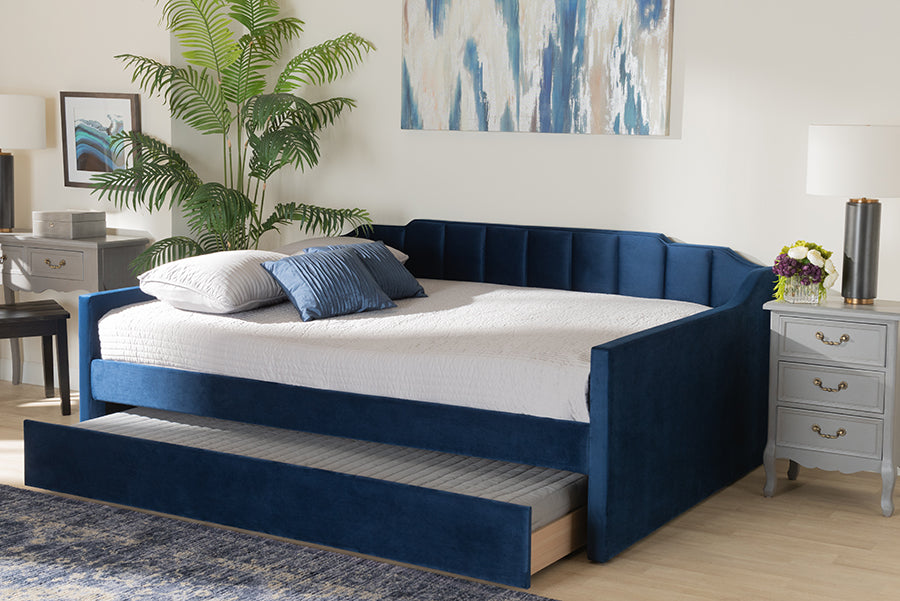 Baxton Studio Lennon Modern and Contemporary Navy Blue Velvet Fabric Upholstered Full Size Daybed with Trundle | Daybeds | Modishstore - 4