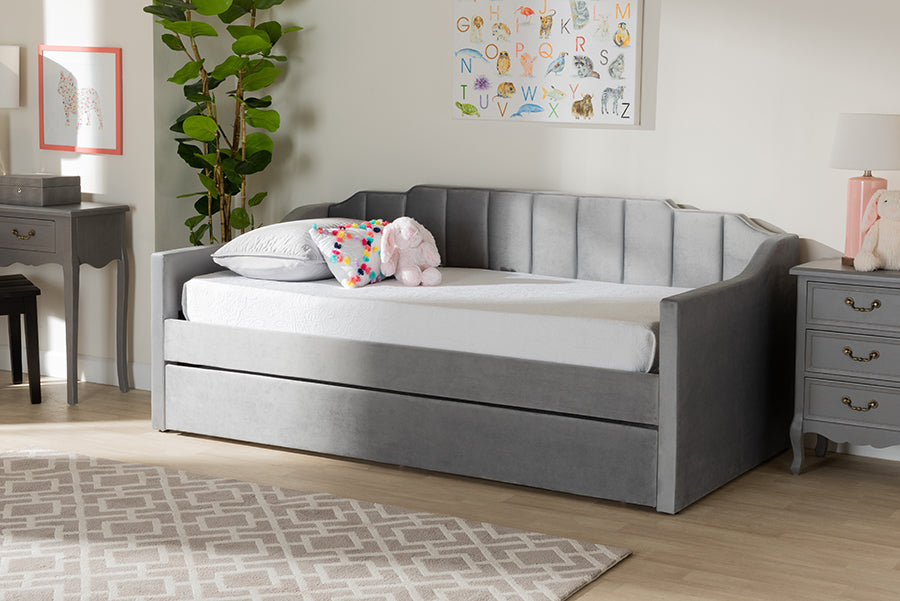 Baxton Studio Lennon Modern and Contemporary Grey Velvet Fabric Upholstered Twin Size Daybed with Trundle | Modishstore | Beds