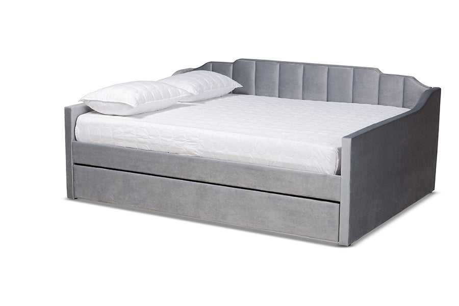 baxton studio lennon modern and contemporary grey velvet fabric upholstered queen size daybed with trundle | Modish Furniture Store-2