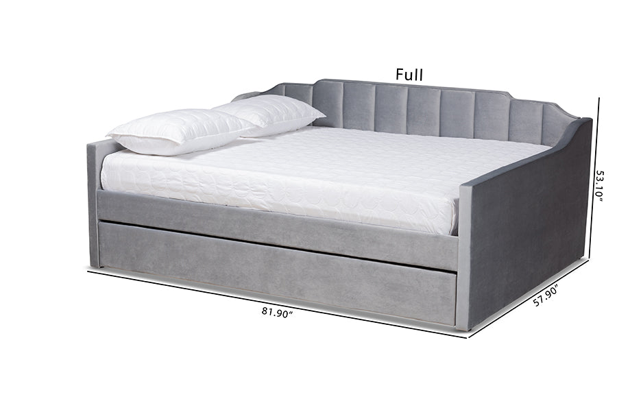 Baxton Studio Lennon Modern and Contemporary Grey Velvet Fabric Upholstered Full Size Daybed with Trundle | Daybeds | Modishstore - 7