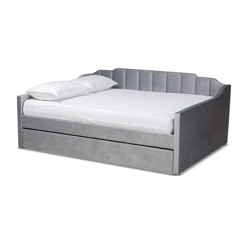 Baxton Studio Lennon Modern and Contemporary Grey Velvet Fabric Upholstered Full Size Daybed with Trundle | Daybeds | Modishstore - 2