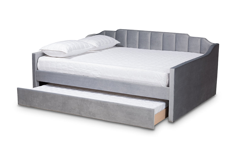 Baxton Studio Lennon Modern and Contemporary Grey Velvet Fabric Upholstered Full Size Daybed with Trundle | Daybeds | Modishstore - 6