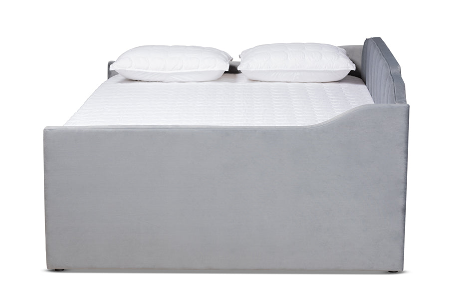Baxton Studio Lennon Modern and Contemporary Grey Velvet Fabric Upholstered Full Size Daybed with Trundle | Daybeds | Modishstore - 4
