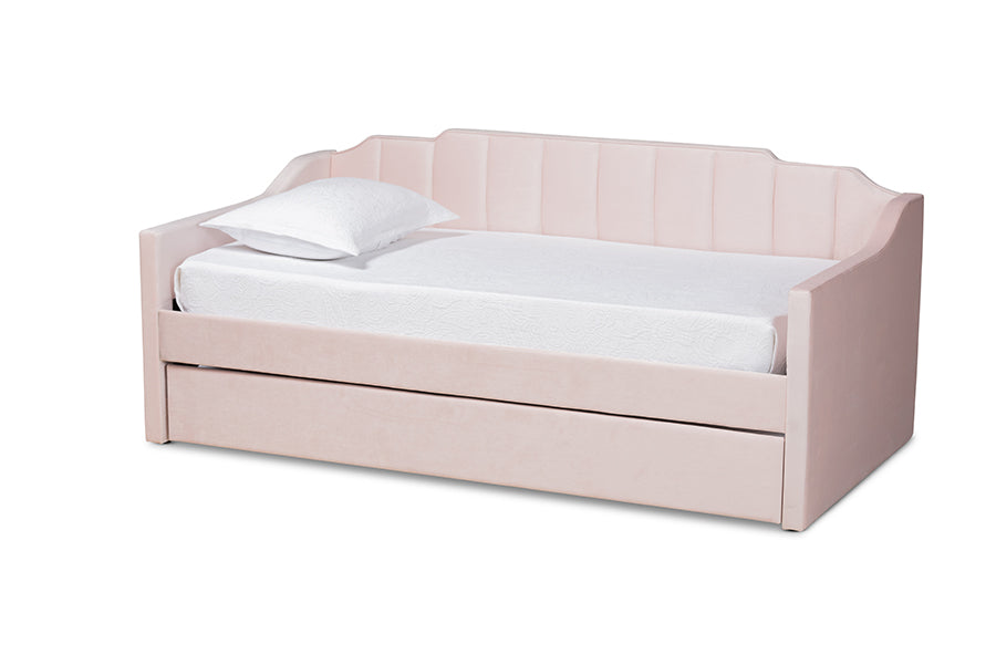 baxton studio lennon modern and contemporary pink velvet fabric upholstered twin size daybed with trundle | Modish Furniture Store-2