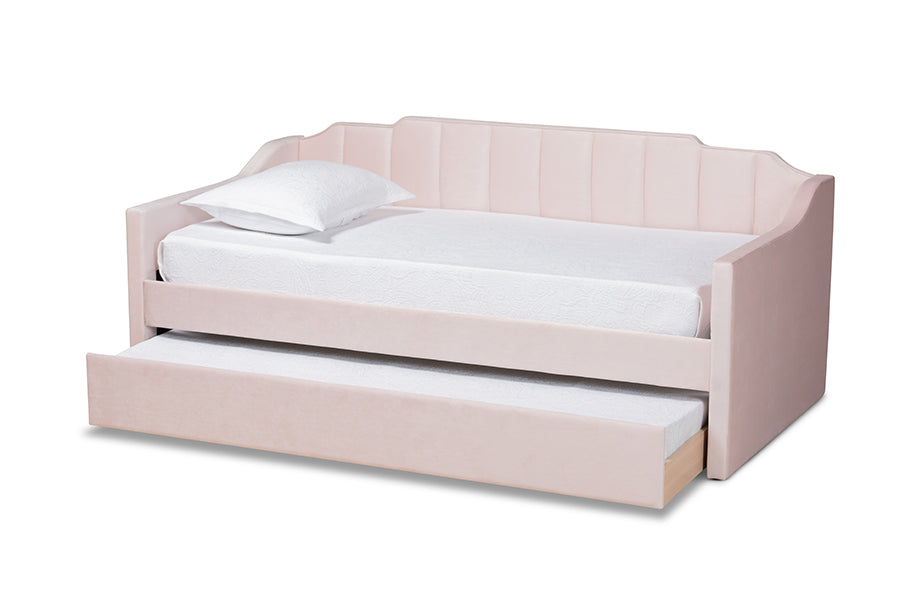 baxton studio lennon modern and contemporary pink velvet fabric upholstered twin size daybed with trundle | Modish Furniture Store-3