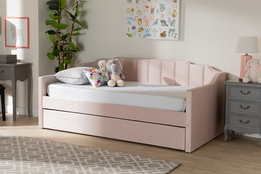 Baxton Studio Lennon Modern and Contemporary Pink Velvet Fabric Upholstered Twin Size Daybed with Trundle | Modishstore | Beds
