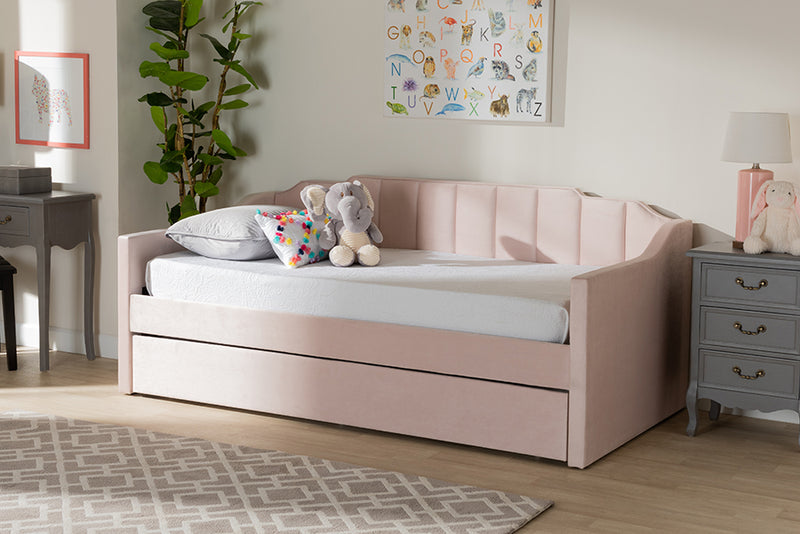 Baxton Studio Lennon Modern and Contemporary Pink Velvet Fabric Upholstered Twin Size Daybed with Trundle | Modishstore | Beds