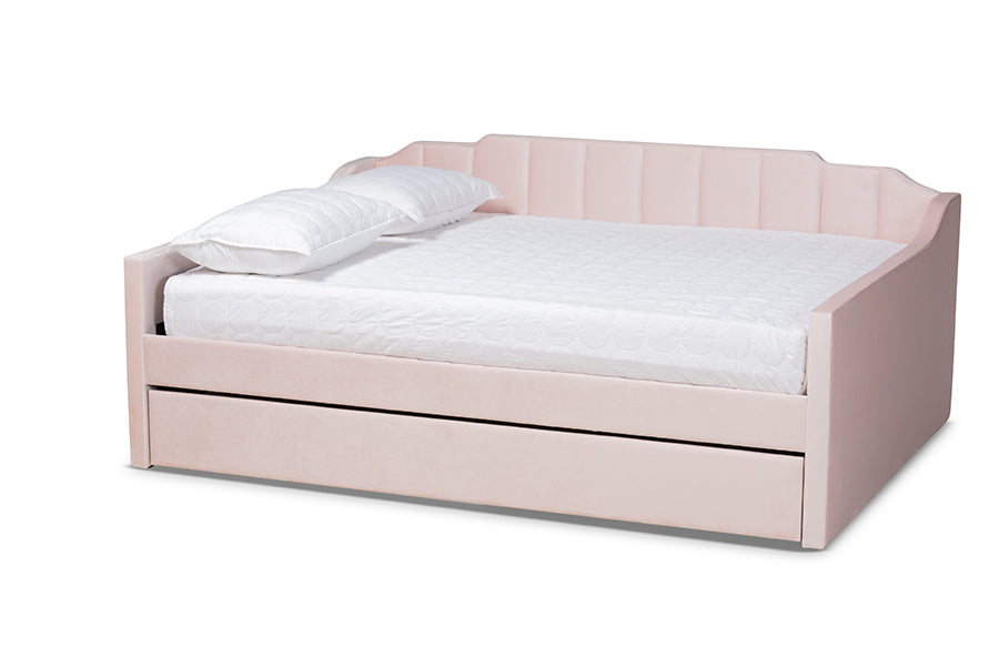 baxton studio lennon modern and contemporary pink velvet fabric upholstered queen size daybed with trundle | Modish Furniture Store-2