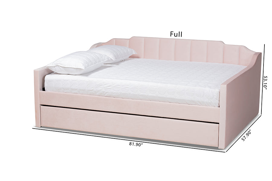 Baxton Studio Lennon Modern and Contemporary Pink Velvet Fabric Upholstered Full Size Daybed with Trundle | Daybeds | Modishstore - 7