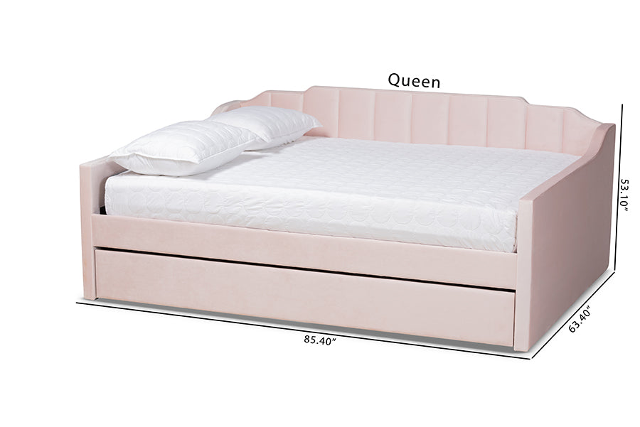 Baxton Studio Lennon Modern and Contemporary Pink Velvet Fabric Upholstered Full Size Daybed with Trundle | Daybeds | Modishstore - 8