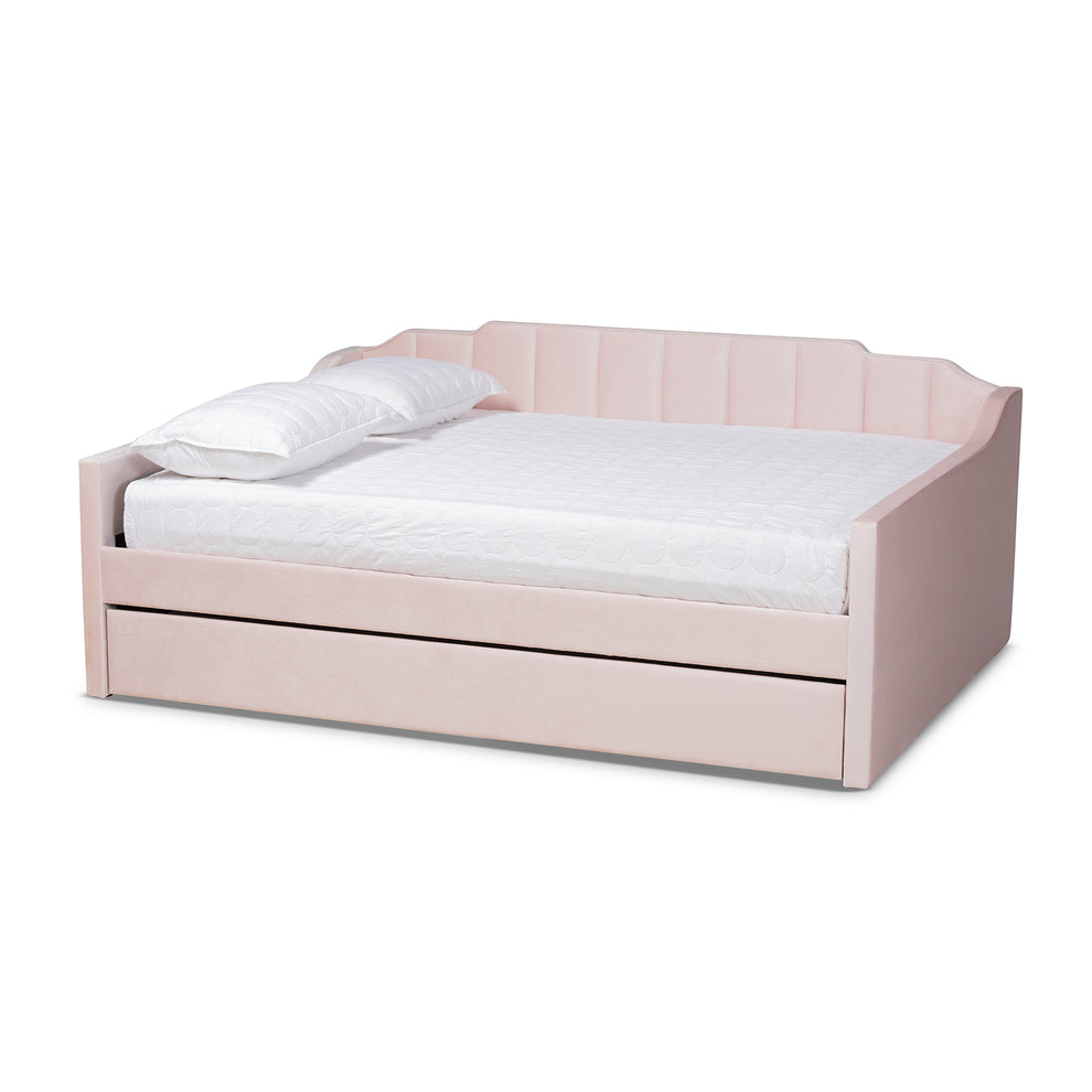 Baxton Studio Lennon Modern and Contemporary Pink Velvet Fabric Upholstered Full Size Daybed with Trundle | Daybeds | Modishstore - 2
