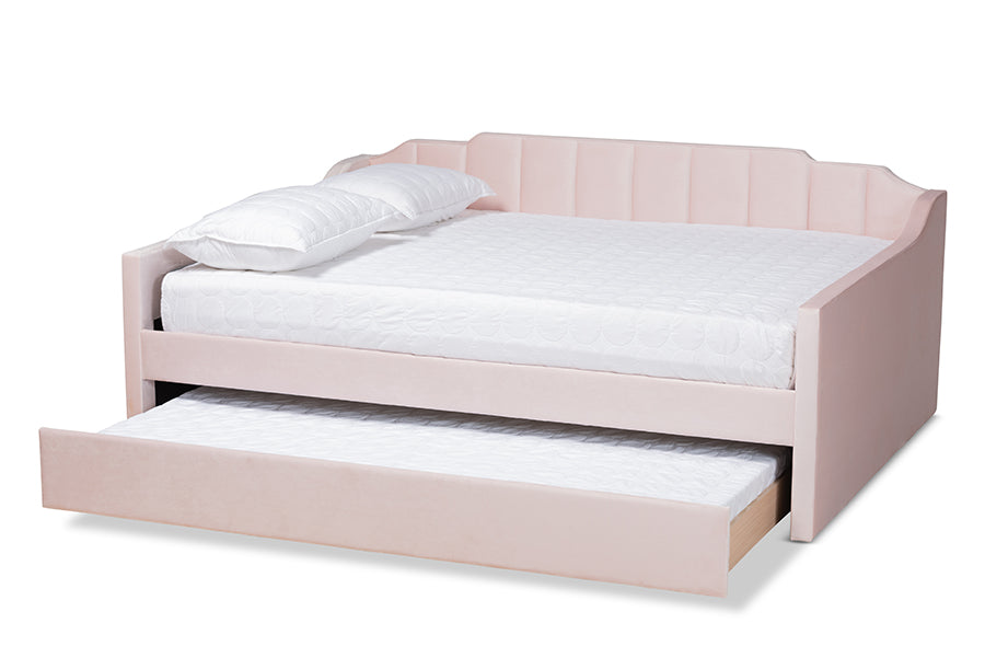 baxton studio lennon modern and contemporary pink velvet fabric upholstered queen size daybed with trundle | Modish Furniture Store-3