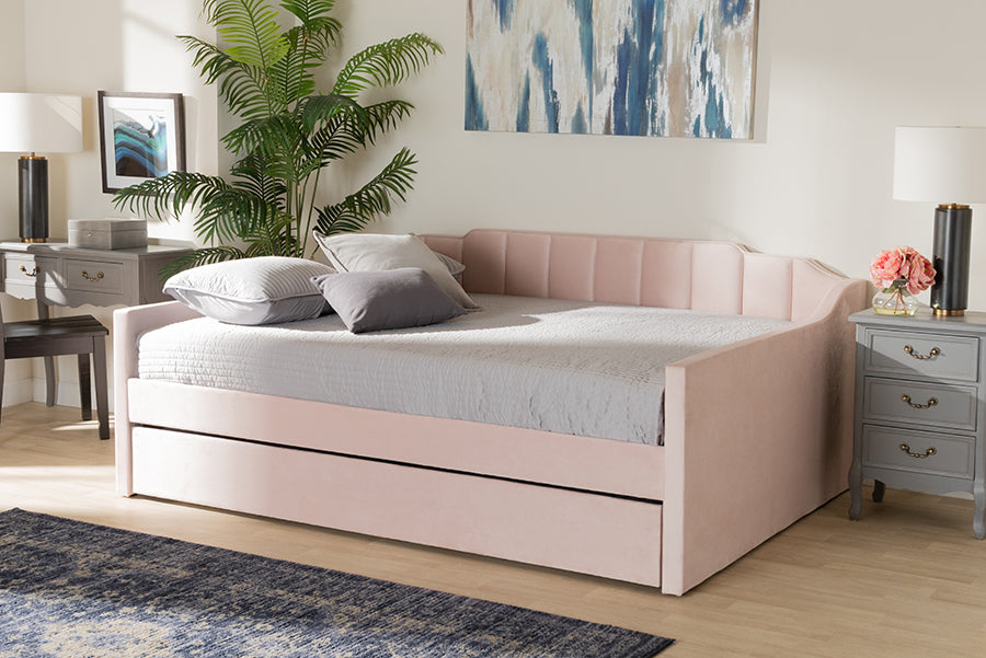 Baxton Studio Lennon Modern and Contemporary Pink Velvet Fabric Upholstered Full Size Daybed with Trundle | Daybeds | Modishstore - 3