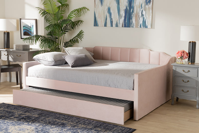 Baxton Studio Lennon Modern and Contemporary Pink Velvet Fabric Upholstered Full Size Daybed with Trundle | Daybeds | Modishstore