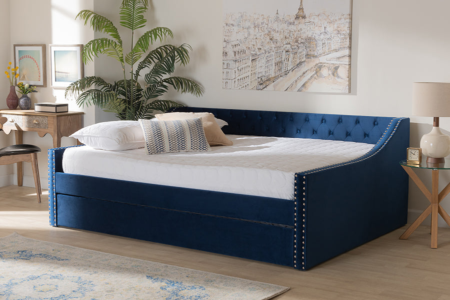 Baxton Studio Raphael Modern and Contemporary Navy Blue Velvet Fabric Upholstered Full Size Daybed with Trundle | Modishstore | Beds