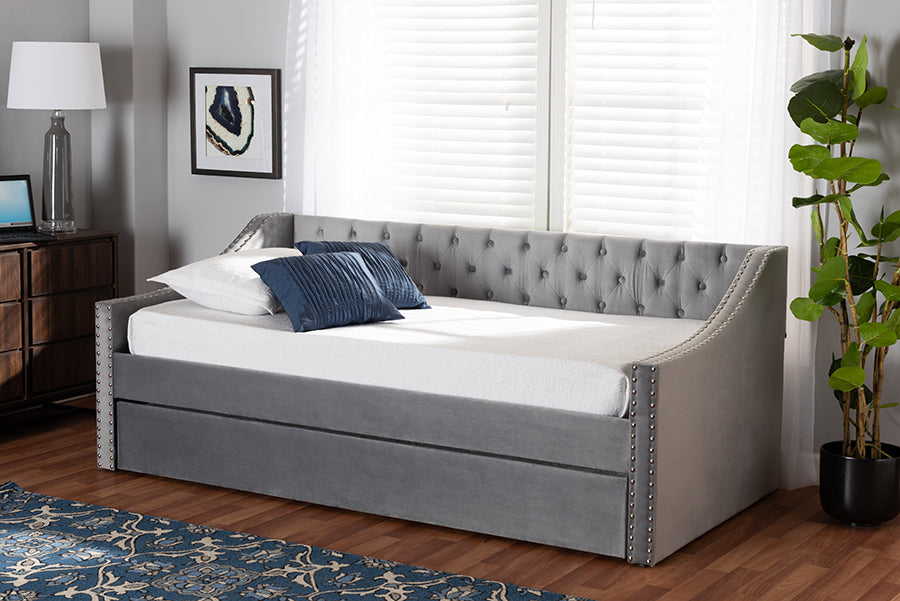 Baxton Studio Raphael Modern and Contemporary Grey Velvet Fabric Upholstered Twin Size Daybed with Trundle | Modishstore | Beds