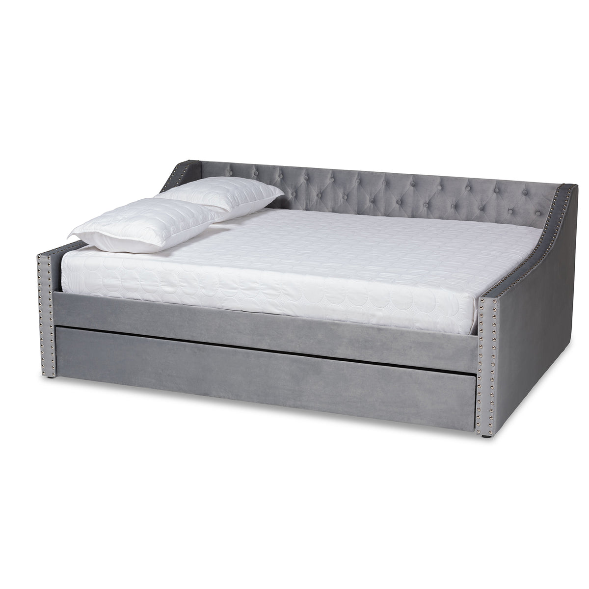 Baxton Studio Raphael Modern and Contemporary Grey Velvet Fabric Upholstered Full Size Daybed with Trundle | Daybeds | Modishstore