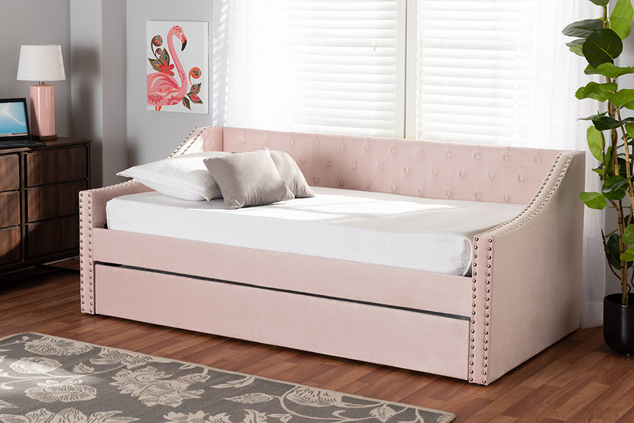 Baxton Studio Raphael Modern and Contemporary Pink Velvet Fabric Upholstered Twin Size Daybed with Trundle | Modishstore | Beds