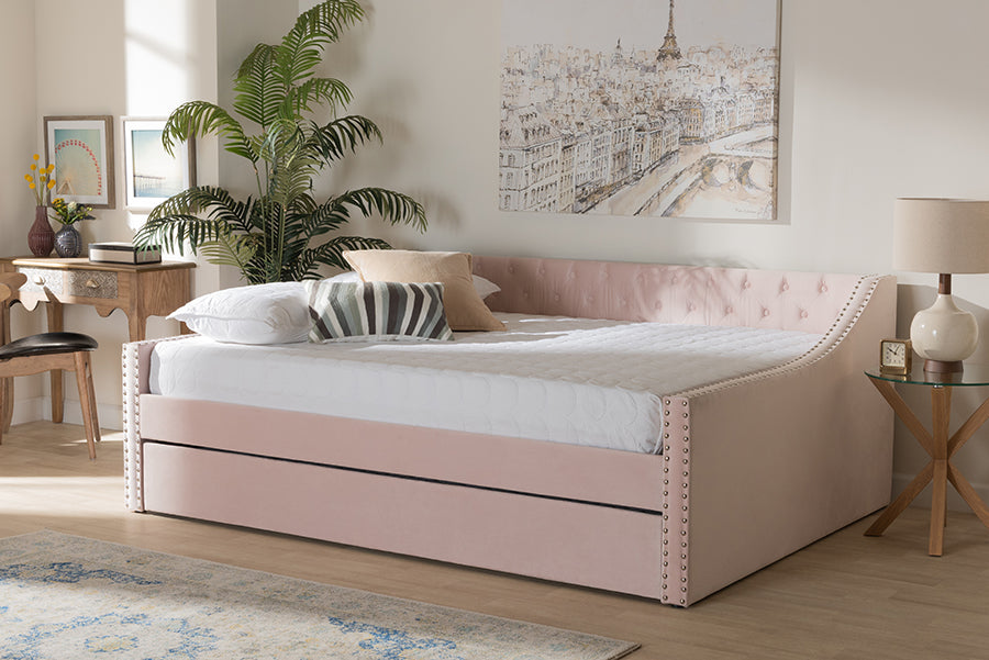 Baxton Studio Raphael Modern and Contemporary Pink Velvet Fabric Upholstered Full Size Daybed with Trundle | Modishstore | Beds