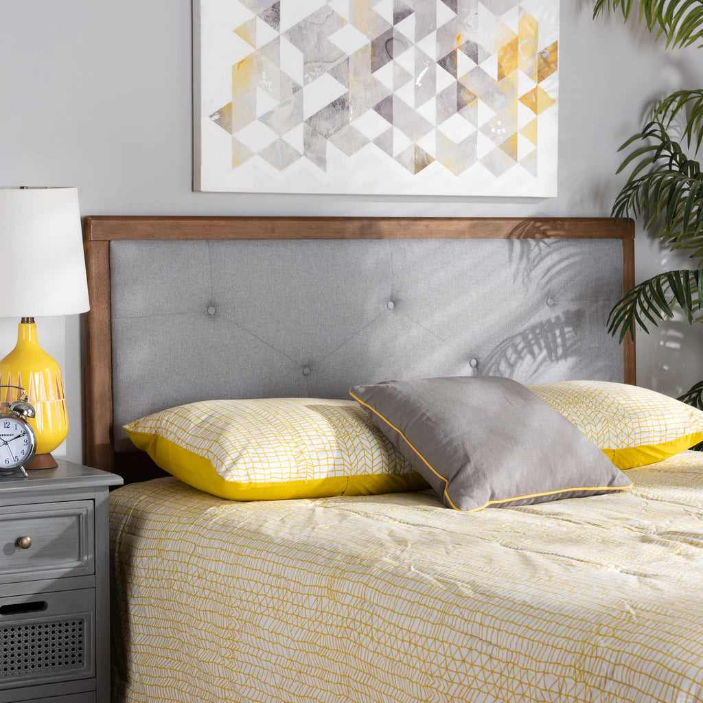 Baxton Studio Abner Modern and Contemporary Transitional Light Grey Fabric Upholstered and Walnut Brown Finished Wood Queen Size Headboard | Headboards | Modishstore