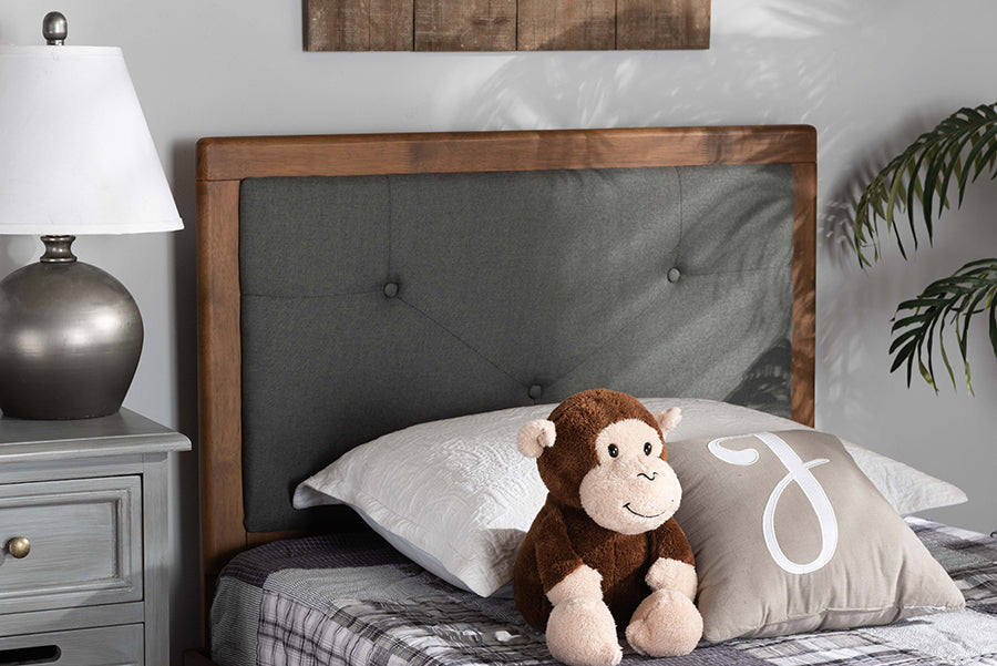 Baxton Studio Abner Modern and Contemporary Transitional Dark Grey Fabric Upholstered and Walnut Brown Finished Wood Twin Size Headboard | Headboards | Modishstore
